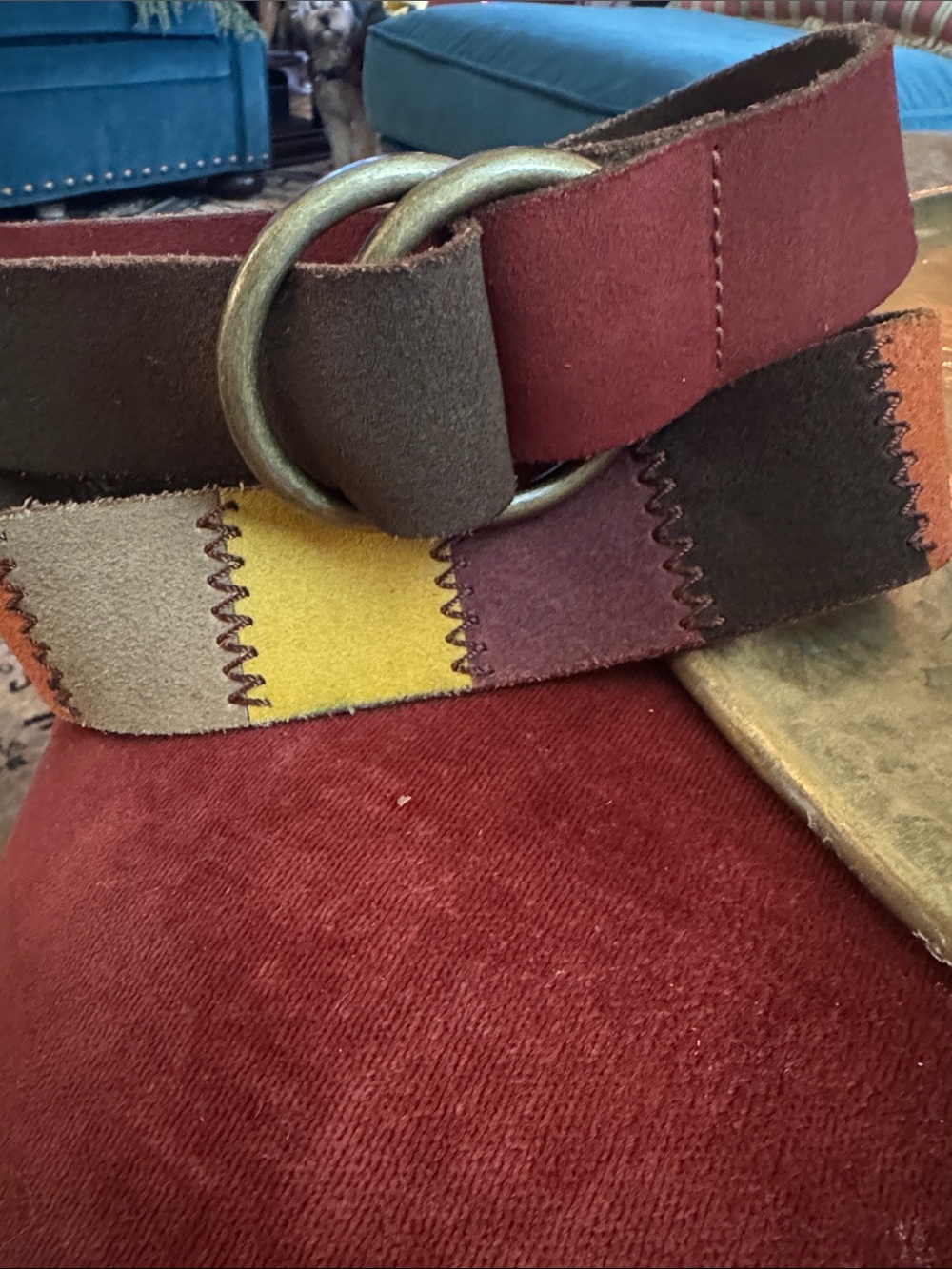 Lucky Brand Multicolor Patchwork Suede D-Ring Belt - Brown/Red/Yellow